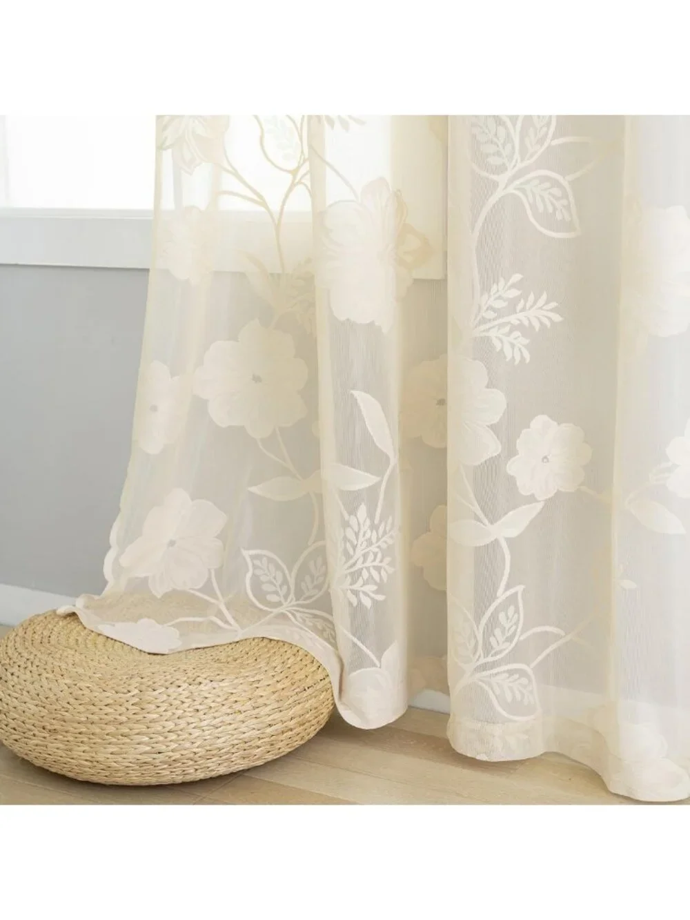 Elegant Sheer Lace Curtains, Beige Scalloped Design, 84